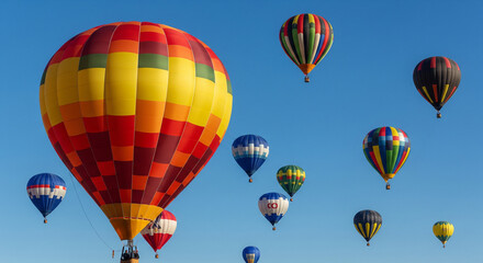 Obraz premium Colorful hot air balloons flying in blue sky during festival celebration travel and adventure concept