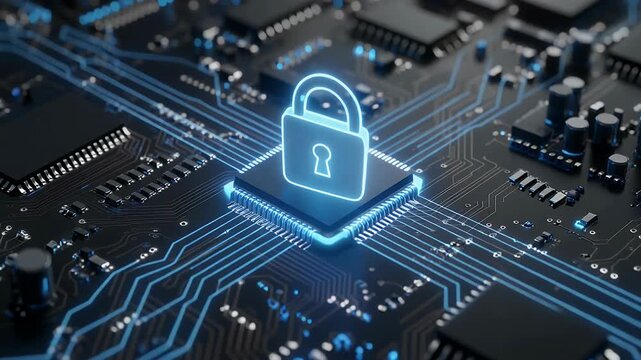 A glowing blue padlock symbol hovers above a microchip on a futuristic circuit board.