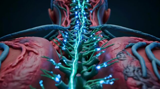 spinal cord nerves transmitting electric signals along vertebral column, dorsal roots branching to peripheral tissue, glowing synapses and blue signal nodes in close cinematic anatomy view