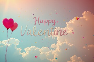 A dreamy pastel sky illustration featuring fluffy clouds and floating heart-shaped balloons with the text &ldquo;Happy Valentine&rdquo; in elegant cursive.