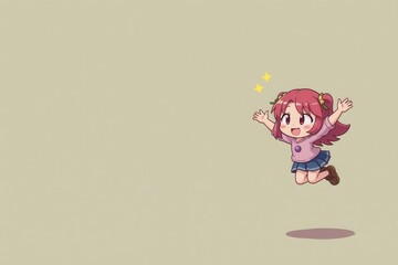A cute cartoon illustration of a red-haired child jumping and dancing excitedly with a bright smile. The background is a simple beige with sparkling glitter and shadow details. A fun piece of artwork.