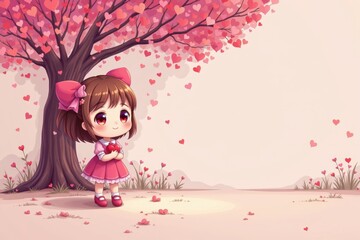 A whimsical illustration of a chibi-style girl in a pink outfit holding a red heart beneath a tree with heart-shaped leaves. Surrounded by falling petals and soft pastel tones.
