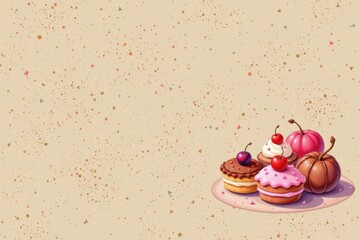 A festive and whimsical dessert-themed illustration featuring three decorated cupcakes with cherries on a pink plate, accompanied by two pumpkins in soft pink and brown tones.