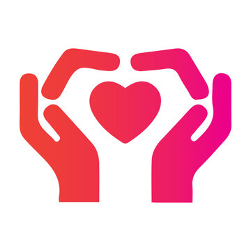 Abstract illustration of cupped hands forming a heart shape with a gradient of red to pink, symbolizing love, care, and support