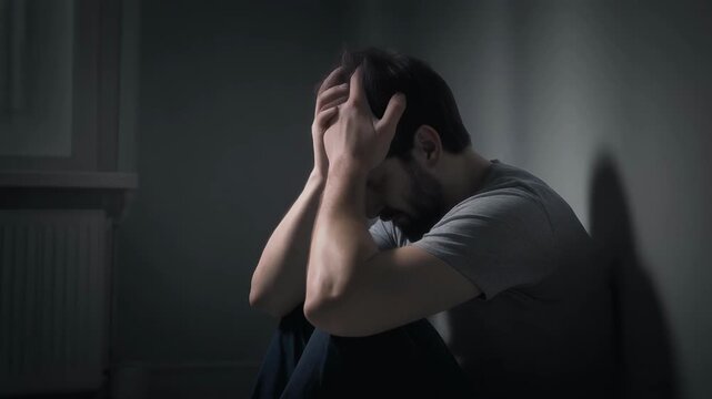 A person sits hunched over in a dark, dimly lit room, appearing distressed.