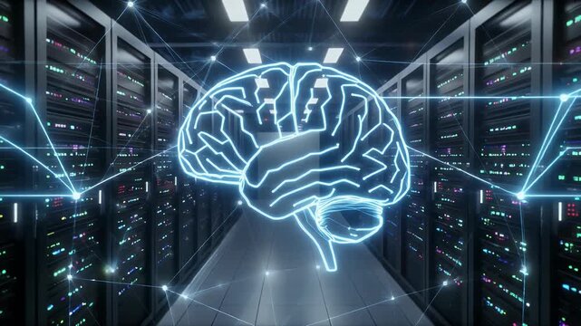 An AI brain visual concept in a server room.