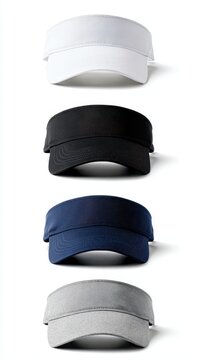 Stylish photo of Set of four sun visors in white, black, navy, and gray isolated on white background
