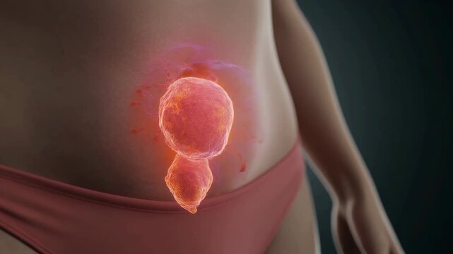 Close-up of a stylized representation of the appendix within a human abdomen.