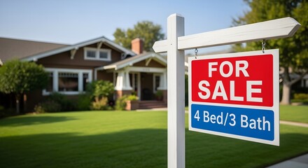 Fototapeta premium For Sale Sign in Front of a House Homeownership Dream in Real Estate Market