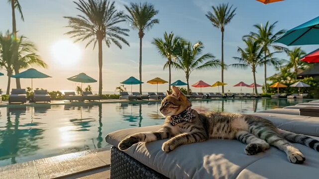 cat relaxing in chair in pool view background