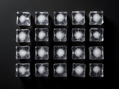 Geometric arrangement of glistening, frozen water spheres on solid background