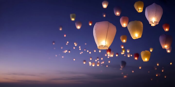 A cluster of illuminated sky lanterns ascend at dusk