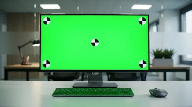 Green Screen Display Mockup with business woman typing on cgi computer monitor working in modern office female freelancer researching information pc chroma key copyspace and tracking markers at a desk