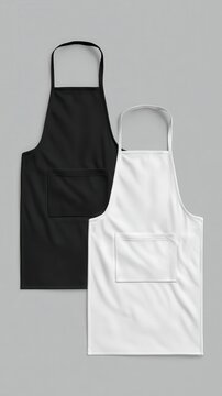 Stylish photo of Front view of black and white cotton aprons with pocket isolated on grey background