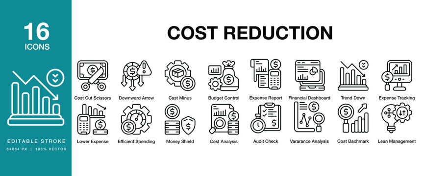 Cost Reduction icon set. Includes cost, reduction, saving, efficiency, budget, expense and More. Editable Stroke Icon Collection.