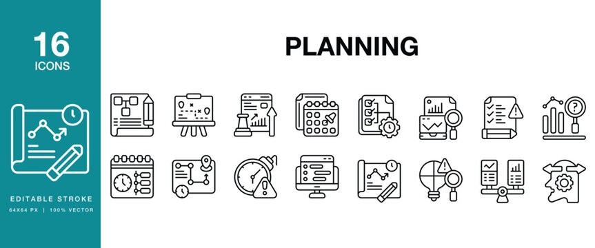 Planning icon set. Includes planning, strategy, schedule, timeline, roadmap and More. Editable Stroke Icon Collection.