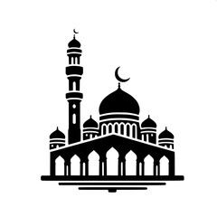 Islamic Arabic-inspired silhouette artwork, crescent moon framing mosque architecture, lantern chains below, stars floating, clean vector logo style
