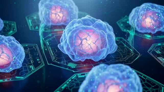 Cell clusters cultured on hexagonal chip platforms with glowing centers and circuit overlays, biosensor visualization for regenerative research, laboratory assay environment and diagnostic