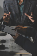 Fototapeta premium Businesswoman and Male lawyer or judge consult and conference having team meeting with client at law firm in office, Law and Legal services concept