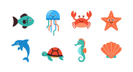 Colorful marine life illustration fish jellyfish crab starfish dolphin seahorse shell © Alexa