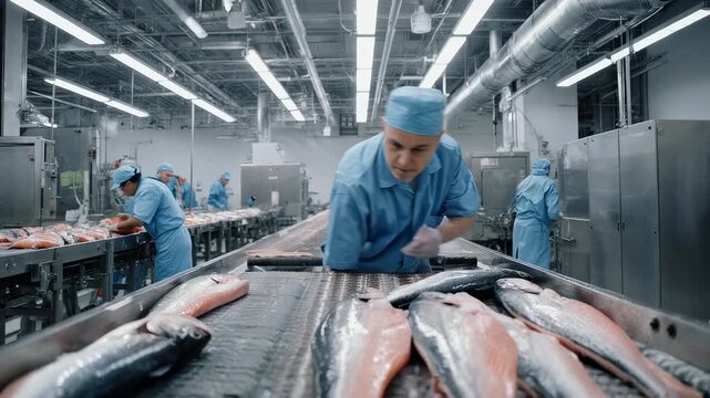 Inside a Modern Fish Processing Plant: Workers Sorting Salmon on Conveyor Belt