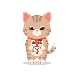 Fototapeta premium Adorable cartoon cat wearing a red collar and holding a Valentine's Day heart decoration standing on a white background