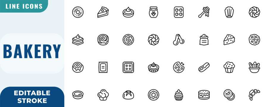 Bakery icon set. Editable Stroke Vector Set. Line Icon.
