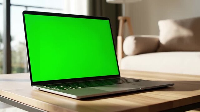 Green Screen Technology with young adult analyzing laptop display in living room using mockup template isolated copy space and blank chrma key background on computer remote school student distortion