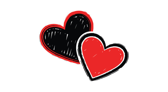 A striking image showcases two overlapping hearts one red and one black with a rough sketched aesthetic
