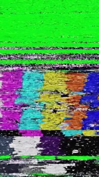 Compositable Screen Overlay with background glitch effect noise on black damaged video signal color bars digital artifacts old 80 s 90 vintage issues high contrast distortion, green overlay, glitch