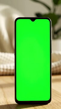 Modern Home Technology with woman at using smartphone green mock up screen in vertical mode girl browsing internet watching content videos distortion, overlay, glitch, static noise, scan lines on