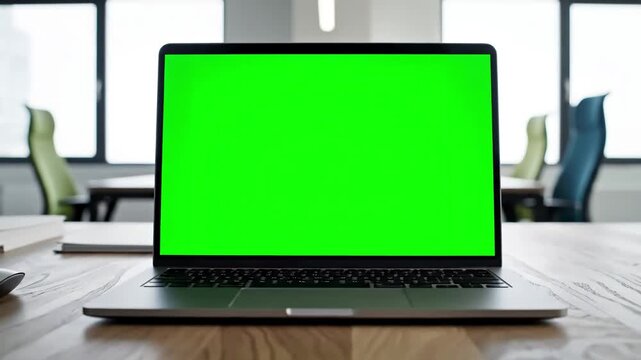 Modern Office Tech with 4k dolly short over the shoulder shot of a business woman working in interior on pc desk looking at green screen person using laptop computer distortion, overlay, glitch