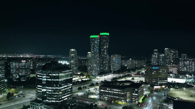 Night view of Absolute Towers in Mississauga skyscraper skyline