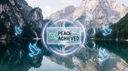 Serene mountain lake with peace achieved sign and doves calm water reflection
