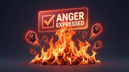 Anger expressed with fiery flames and raised fists in darkness