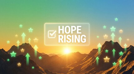Inspirational mountain landscape with hope rising text and glowing arrows at sunrise