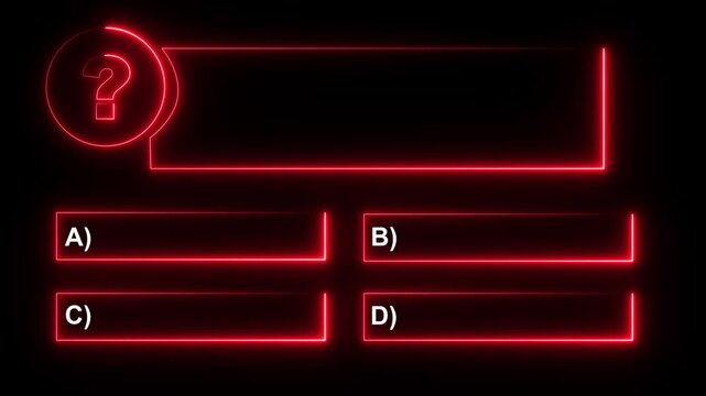 Quiz Neon Line Animation with option selection on black background Quiz Animation template, question and test menu choice quiz show question and answers. Motion graphics of question book concept