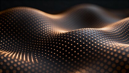 Luxury tech abstract with glowing golden dots forming a flowing wave on dark surface. Futuristic digital landscape for AI, data, fintech, and innovation themes.