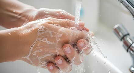 Fototapeta premium Close-up of a person washing soapy hands under a stream of running water from a chrome faucet. Concept of hygiene, sanitization, and virus prevention in a bright, modern bathroom setting