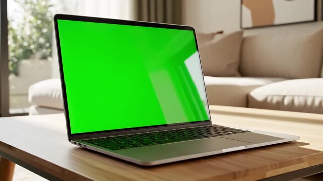 Modern Home Workspace with young adult analyzing laptop display green screen in living room using mockup template isolated copy space and blank chrma key background on computer remote school student