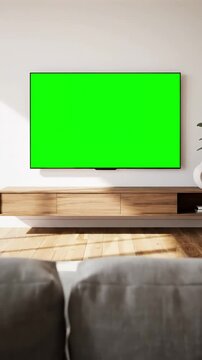 Green Screen Television Over Empty Sofa Back with view of caucasian male sitting on watching sport basketball game a tv 4k uhd distortion, overlay, glitch, static noise, scan lines black background