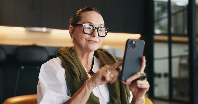 Home, smartphone and woman with glasses, typing or message to contact, texting or email. Spectacles, internet or mature person with cellphone, online reading or digital app for website info or scroll