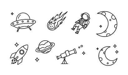 space, astronomy, rocket, satellite, planet, moon, comet, telescope, astronaut, icon, icons, outline, line, thin, minimal, simple, black, flat, vector, celestial, universe, galaxy, star, solar, system © Sheikh