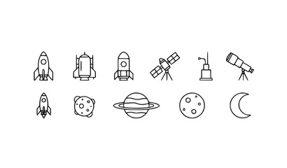 Minimal black line vector icons of space exploration and astronomy equipment © Sheikh