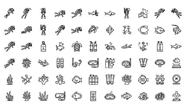 Scuba diving and underwater sea life icon vector set including divers, shark, turtle, and snorkeling gear