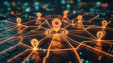 オレンジ色の光で繋がれた複数の位置情報ピンとデジタルネットワーク