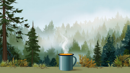 Minimalist vector illustration of a starry night sky with crescent moon and stars above a silhouetted mountain campsite.