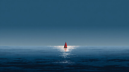 Minimalist vector illustration of a starry night sky with crescent moon and stars above a silhouetted mountain campsite.