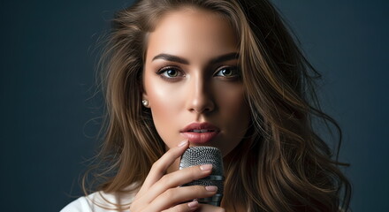 Portrait of a beautiful young singer working in a studio.