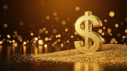 金色の砂に立つ輝くドル記号の3Dレンダリング